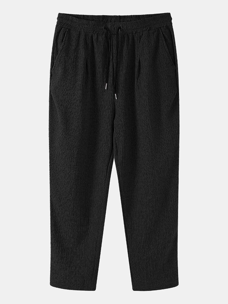 Pantalones Casuales De Algodón Con Textura De Bolsillo Con Cordón Sólido Para Hombre