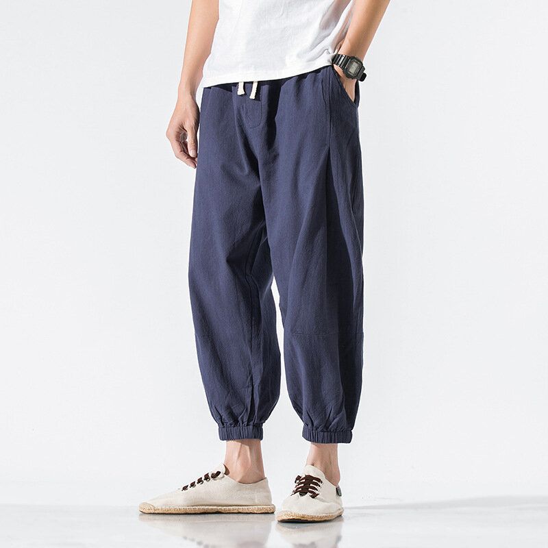 Pantalones Casuales De Bolsillo De Cintura Elástica Con Cordón De Color Sólido De Lino Para Hombre