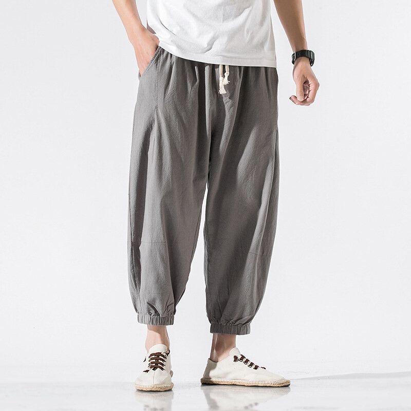 Pantalones Casuales De Bolsillo De Cintura Elástica Con Cordón De Color Sólido De Lino Para Hombre