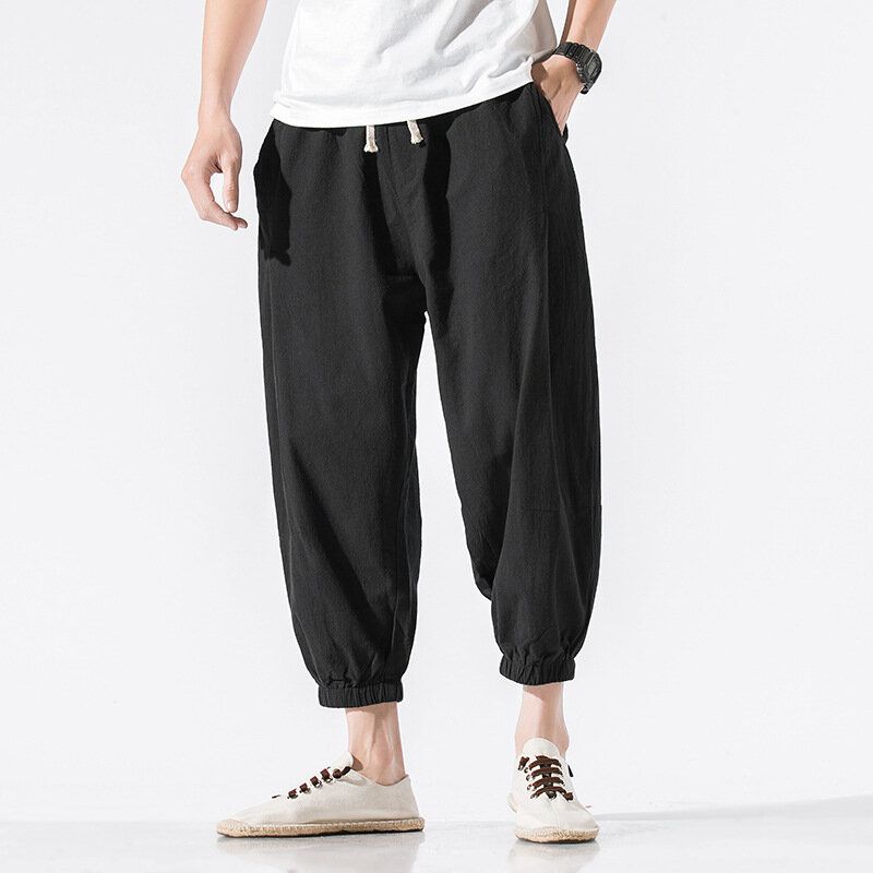 Pantalones Casuales De Bolsillo De Cintura Elástica Con Cordón De Color Sólido De Lino Para Hombre