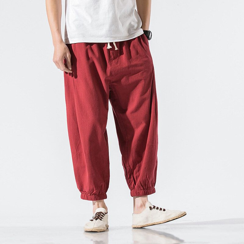 Pantalones Casuales De Bolsillo De Cintura Elástica Con Cordón De Color Sólido De Lino Para Hombre