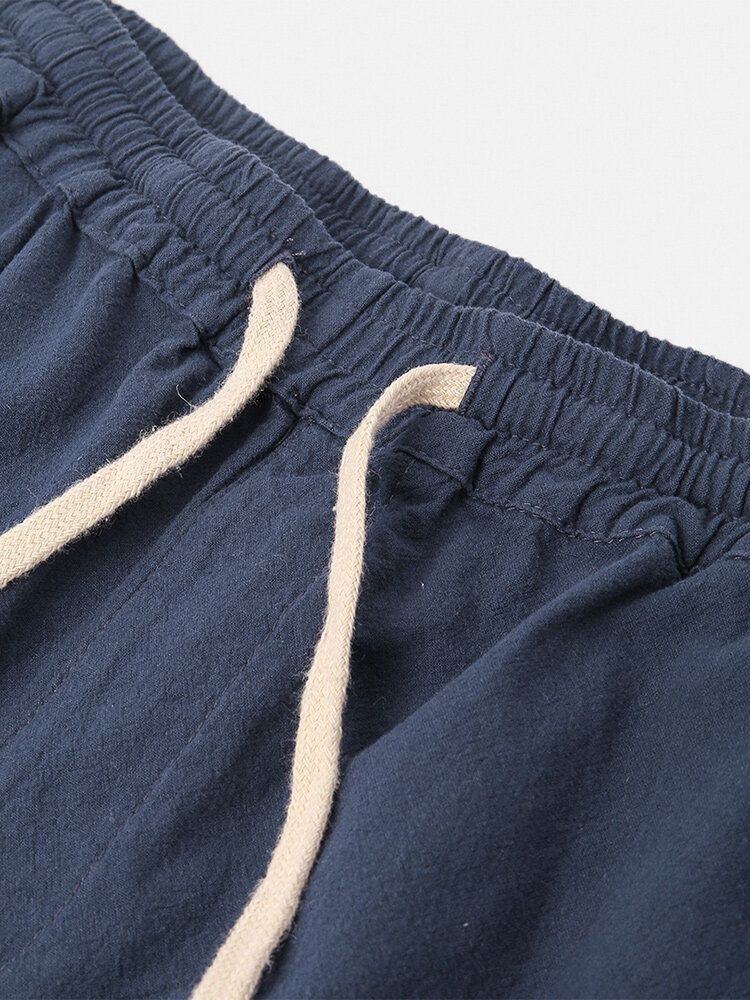 Pantalones Casuales De Bolsillo De Cintura Elástica Con Cordón De Color Sólido De Lino Para Hombre