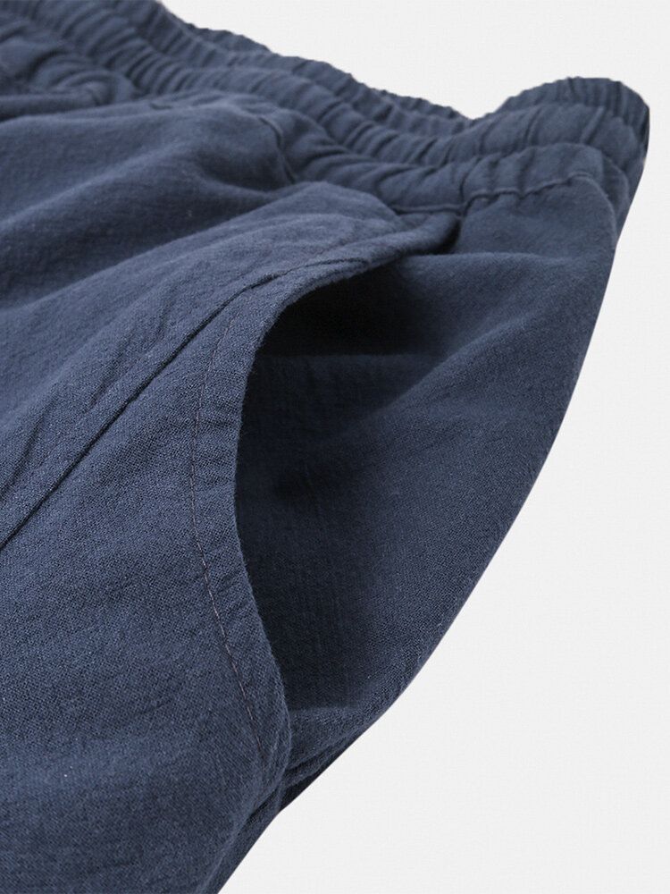 Pantalones Casuales De Bolsillo De Cintura Elástica Con Cordón De Color Sólido De Lino Para Hombre