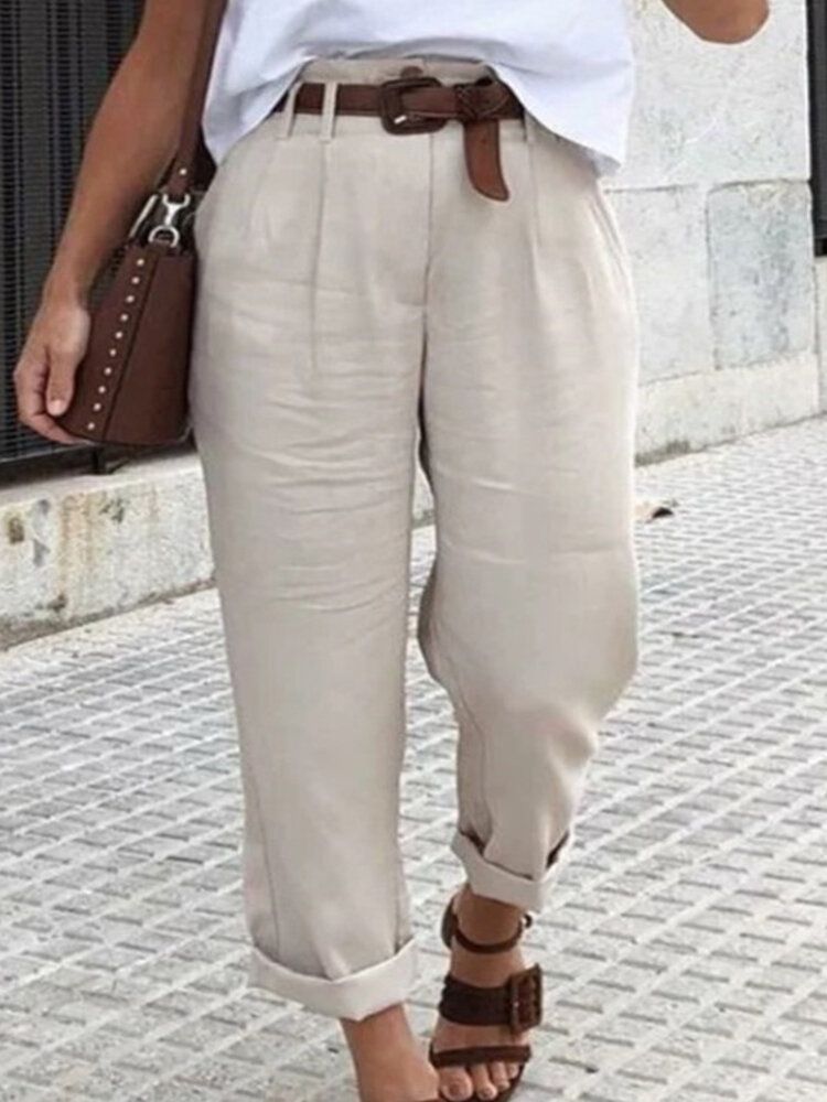 Pantalones Casuales De Bolsillo De Color Sólido Simple Para Mujer