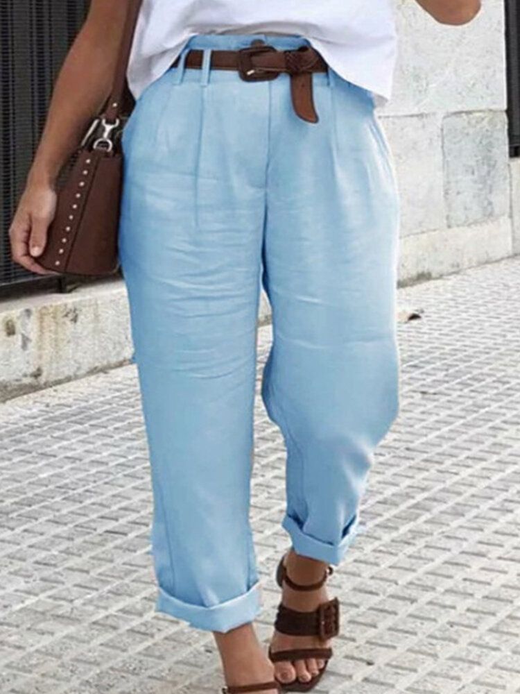 Pantalones Casuales De Bolsillo De Color Sólido Simple Para Mujer