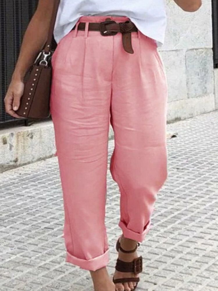 Pantalones Casuales De Bolsillo De Color Sólido Simple Para Mujer