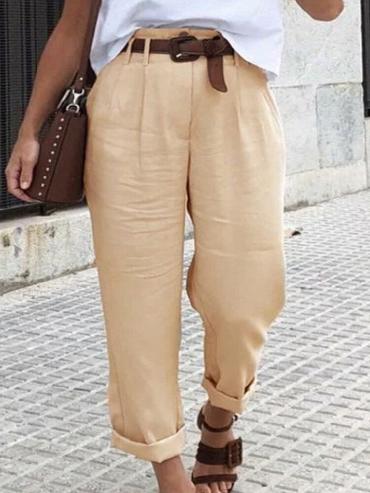 Pantalones Casuales De Bolsillo De Color Sólido Simple Para Mujer