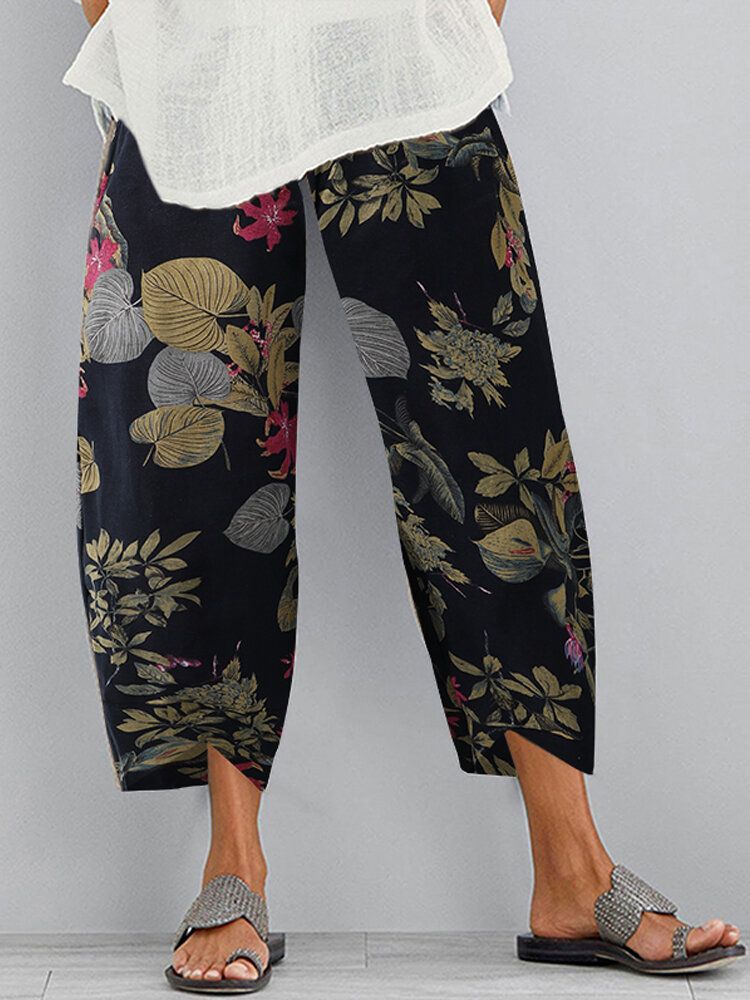 Pantalones Casuales De Bolsillo Con Dobladillo Irregular Con Cintura Elástica Con Estampado Floral Retro Para Mujer