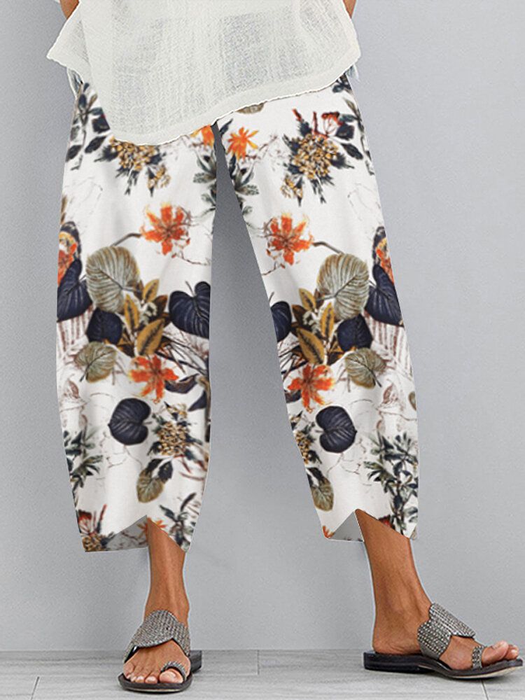 Pantalones Casuales De Bolsillo Con Dobladillo Irregular Con Cintura Elástica Con Estampado Floral Retro Para Mujer