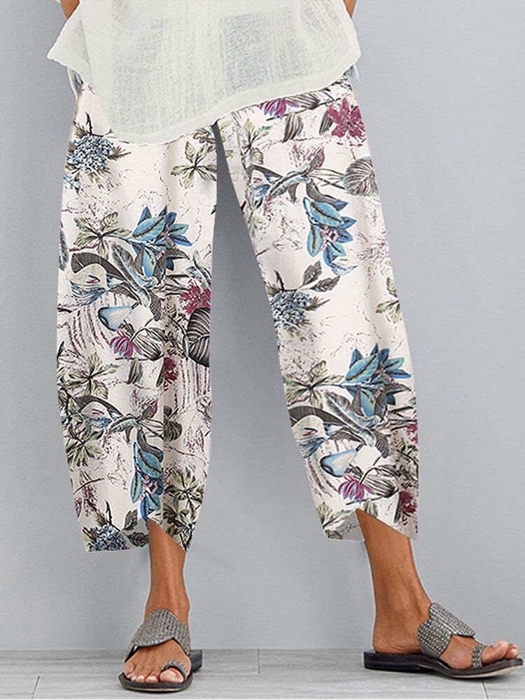 Pantalones Casuales De Bolsillo Con Dobladillo Irregular Con Cintura Elástica Con Estampado Floral Retro Para Mujer