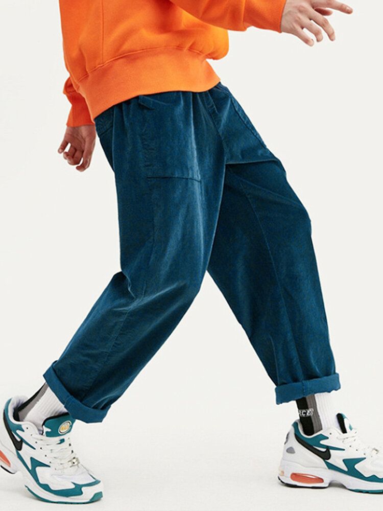 Pantalones Casuales De Bolsillo Grande Con Cordón De Color Sólido De Pana Para Hombre