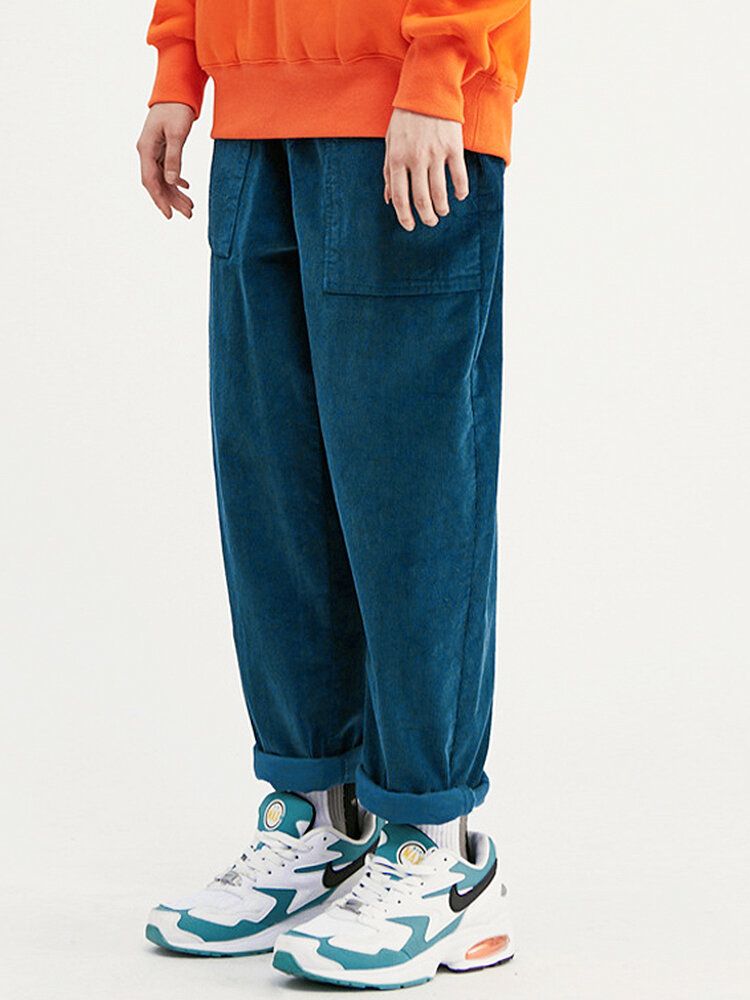 Pantalones Casuales De Bolsillo Grande Con Cordón De Color Sólido De Pana Para Hombre