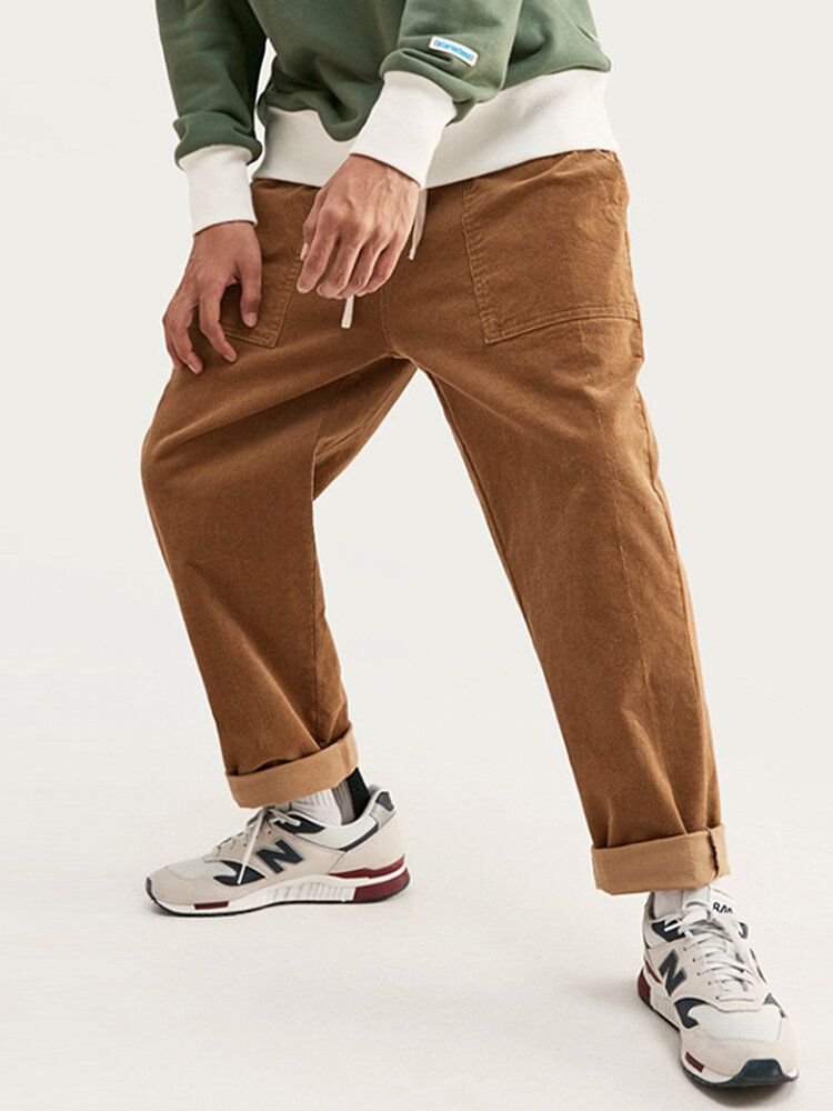 Pantalones Casuales De Bolsillo Grande Con Cordón De Color Sólido De Pana Para Hombre