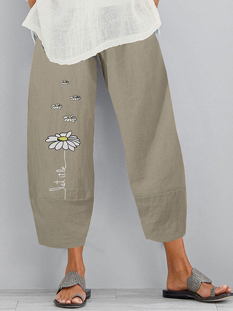 Pantalones Casuales De Bolsillo Lateral De Cintura Elástica Con Estampado Floral De Algodón Para Mujer