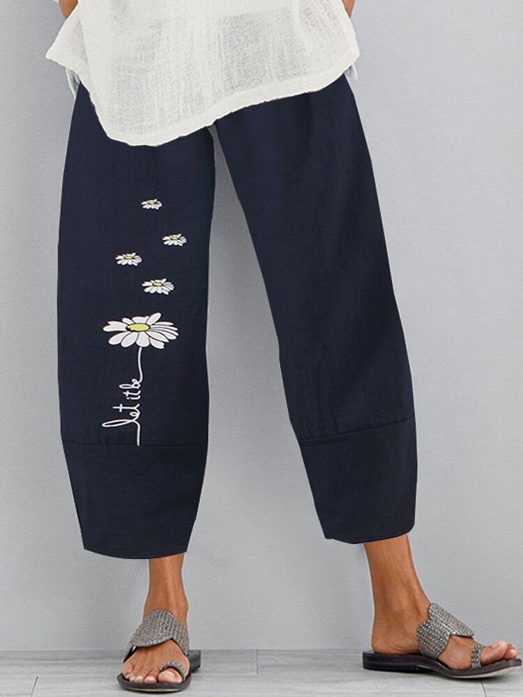 Pantalones Casuales De Bolsillo Lateral De Cintura Elástica Con Estampado Floral De Algodón Para Mujer