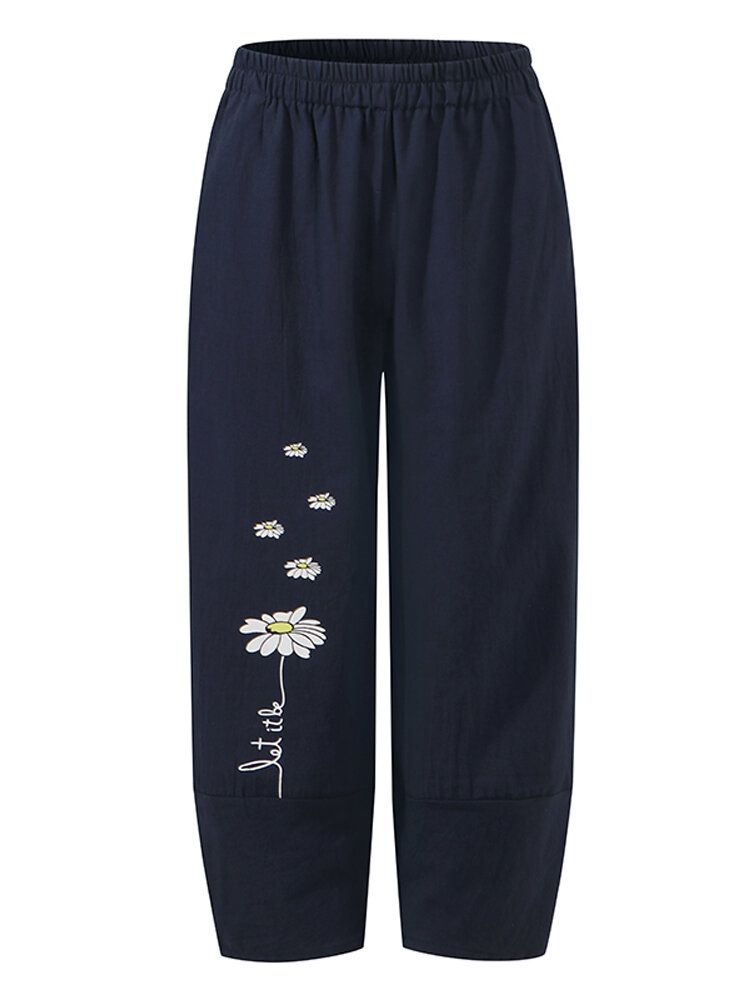 Pantalones Casuales De Bolsillo Lateral De Cintura Elástica Con Estampado Floral De Algodón Para Mujer