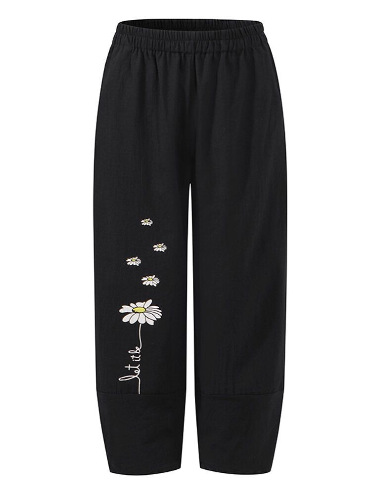 Pantalones Casuales De Bolsillo Lateral De Cintura Elástica Con Estampado Floral De Algodón Para Mujer