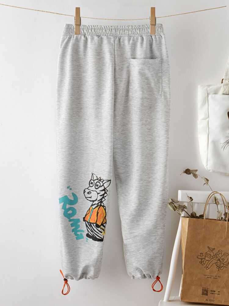 Pantalones Casuales De Cintura Elástica Con Bolsillo Con Cordón Y Estampado De Animales De Dibujos Animados Para Mujeres