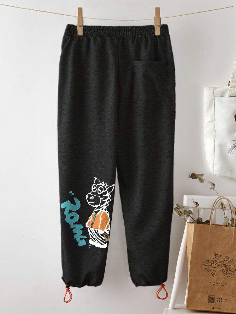 Pantalones Casuales De Cintura Elástica Con Bolsillo Con Cordón Y Estampado De Animales De Dibujos Animados Para Mujeres