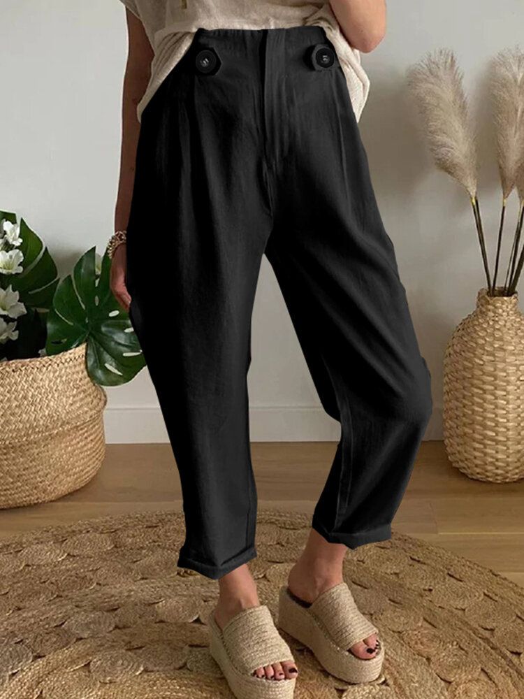 Pantalones Casuales De Cintura Elástica Con Diseño De Botones De Color Sólido De Estilo Breve Para Mujer