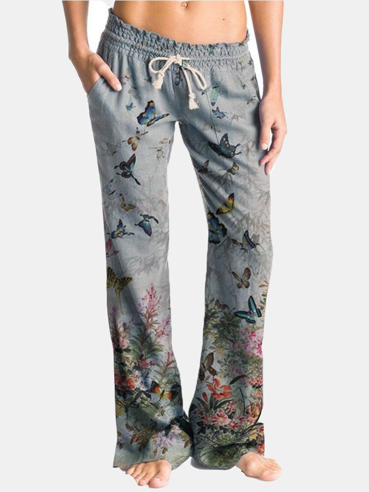 Pantalones Casuales De Cintura Elástica Con Estampado De Flores De Mariposa Para Mujer