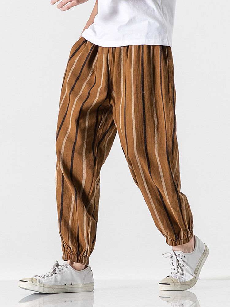 Pantalones Casuales De Cintura Elástica Con Estampado De Rayas De Estilo Vintage Para Hombre 100% Algodón Con Bolsillo