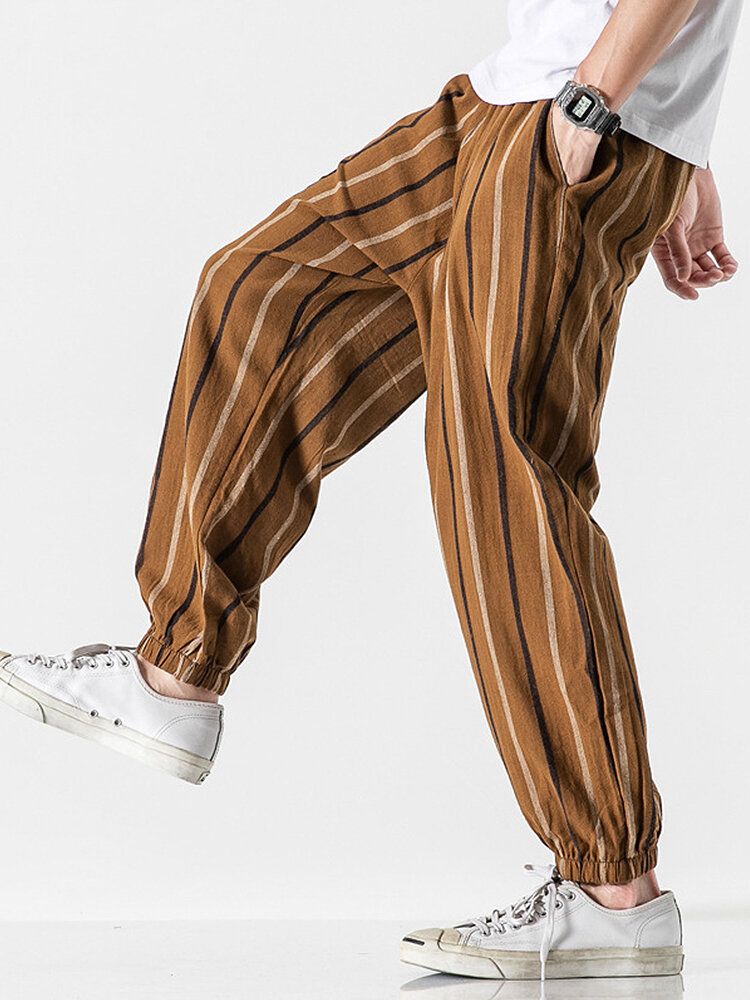 Pantalones Casuales De Cintura Elástica Con Estampado De Rayas De Estilo Vintage Para Hombre 100% Algodón Con Bolsillo