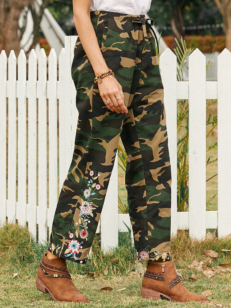 Pantalones Casuales De Cintura Media Con Cordón Y Estampado Floral De Camuflaje Para Mujer Con Bolsillo