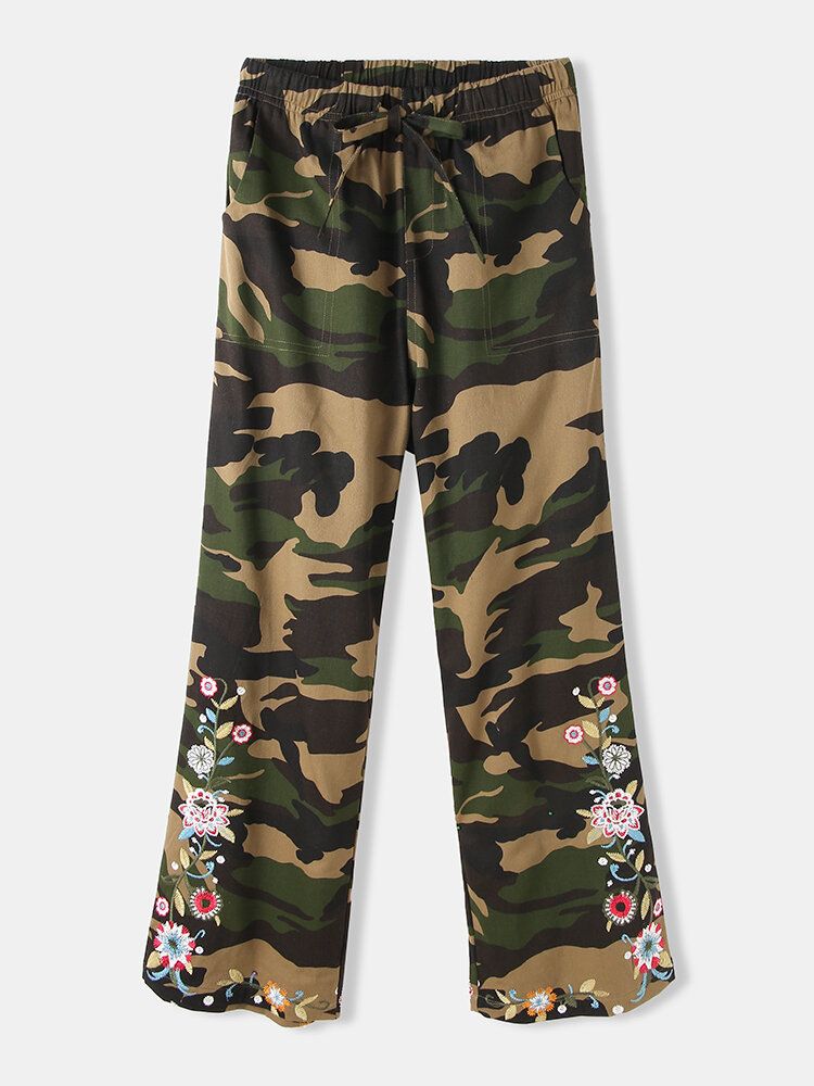 Pantalones Casuales De Cintura Media Con Cordón Y Estampado Floral De Camuflaje Para Mujer Con Bolsillo