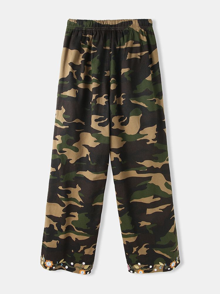 Pantalones Casuales De Cintura Media Con Cordón Y Estampado Floral De Camuflaje Para Mujer Con Bolsillo