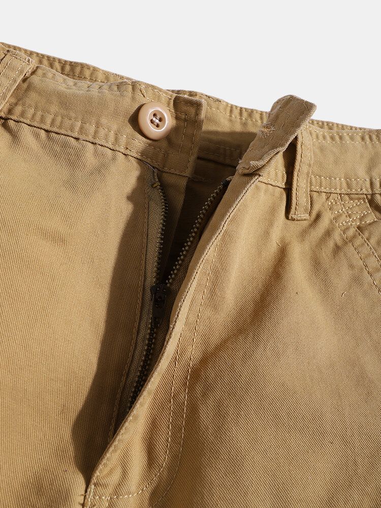 Pantalones Casuales De Cintura Media Con Cremallera Con Múltiples Bolsillos De Color Sólido Para Hombre