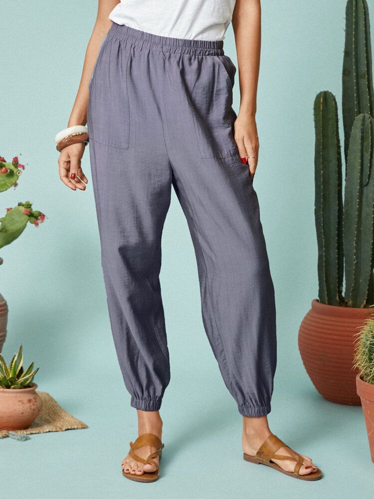 Pantalones Casuales Con Bolsillo En La Cintura Elástica De Color Sólido Para Mujer