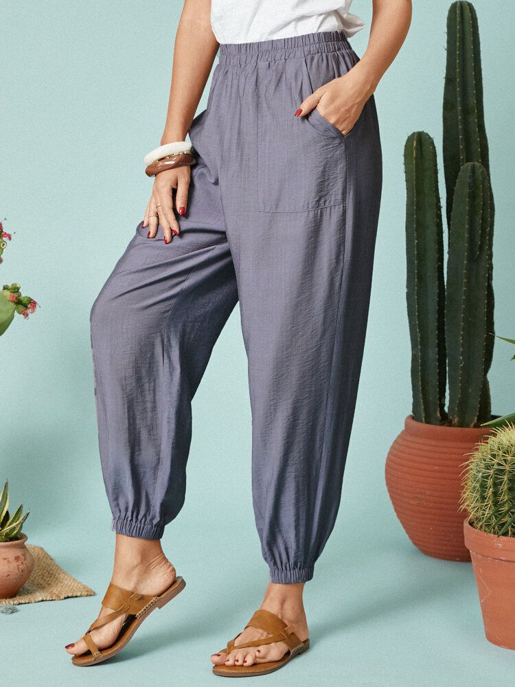 Pantalones Casuales Con Bolsillo En La Cintura Elástica De Color Sólido Para Mujer