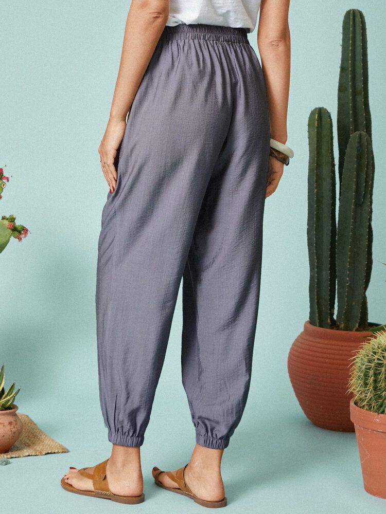 Pantalones Casuales Con Bolsillo En La Cintura Elástica De Color Sólido Para Mujer