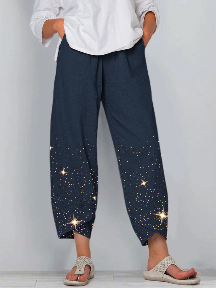 Pantalones Casuales Con Cintura Elástica Con Estampado De Estrellas Y Dobladillo Irregular De Talla Grande