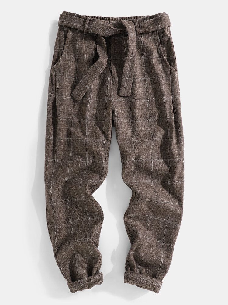 Pantalones Casuales Con Cinturón Y Cremallera Vintage A Cuadros Para Hombre