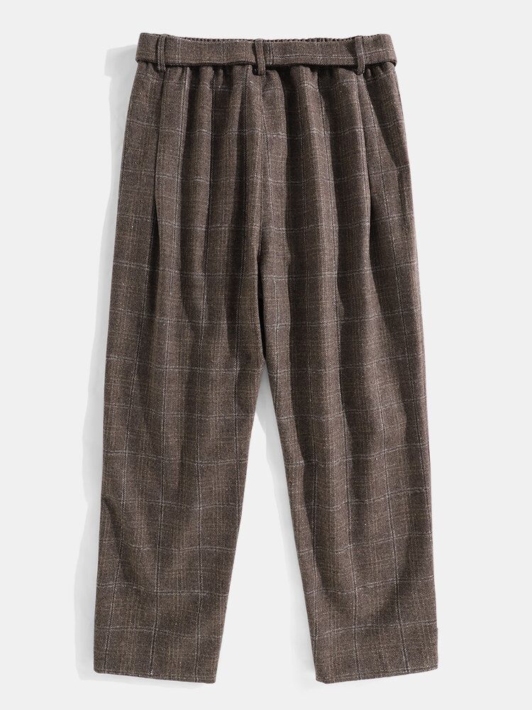 Pantalones Casuales Con Cinturón Y Cremallera Vintage A Cuadros Para Hombre