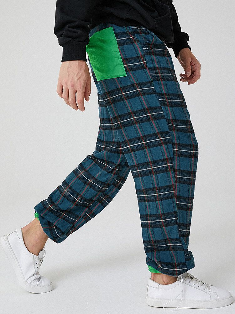 Pantalones Casuales Con Cordón De Cintura Elástica Con Bolsillo A Cuadros 100% Algodón Para Hombre