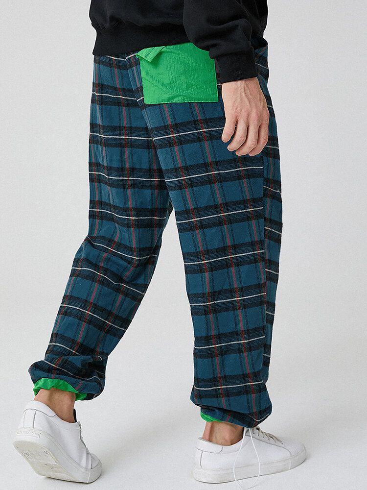 Pantalones Casuales Con Cordón De Cintura Elástica Con Bolsillo A Cuadros 100% Algodón Para Hombre