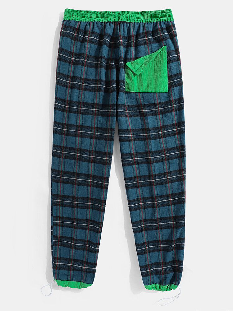 Pantalones Casuales Con Cordón De Cintura Elástica Con Bolsillo A Cuadros 100% Algodón Para Hombre