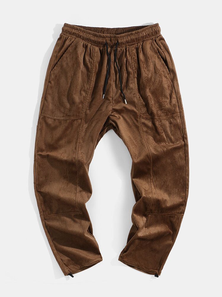 Pantalones Casuales Con Cordón De Cintura Elástica Con Múltiples Bolsillos De Pana Para Hombre