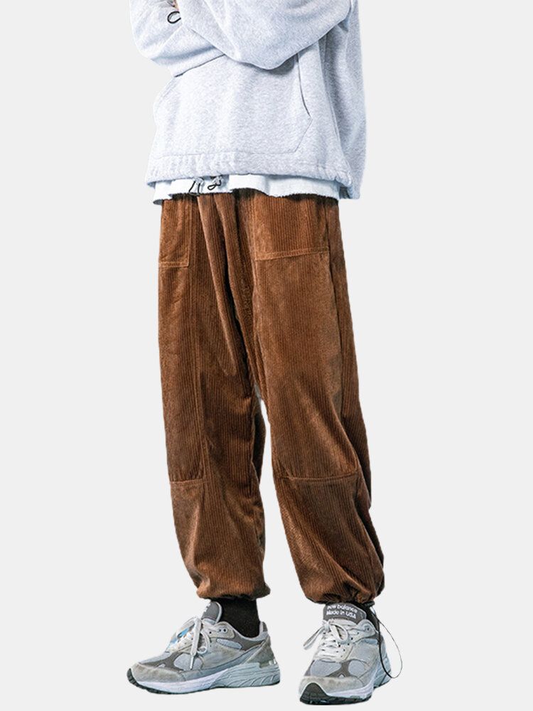 Pantalones Casuales Con Cordón De Cintura Elástica Con Múltiples Bolsillos De Pana Para Hombre