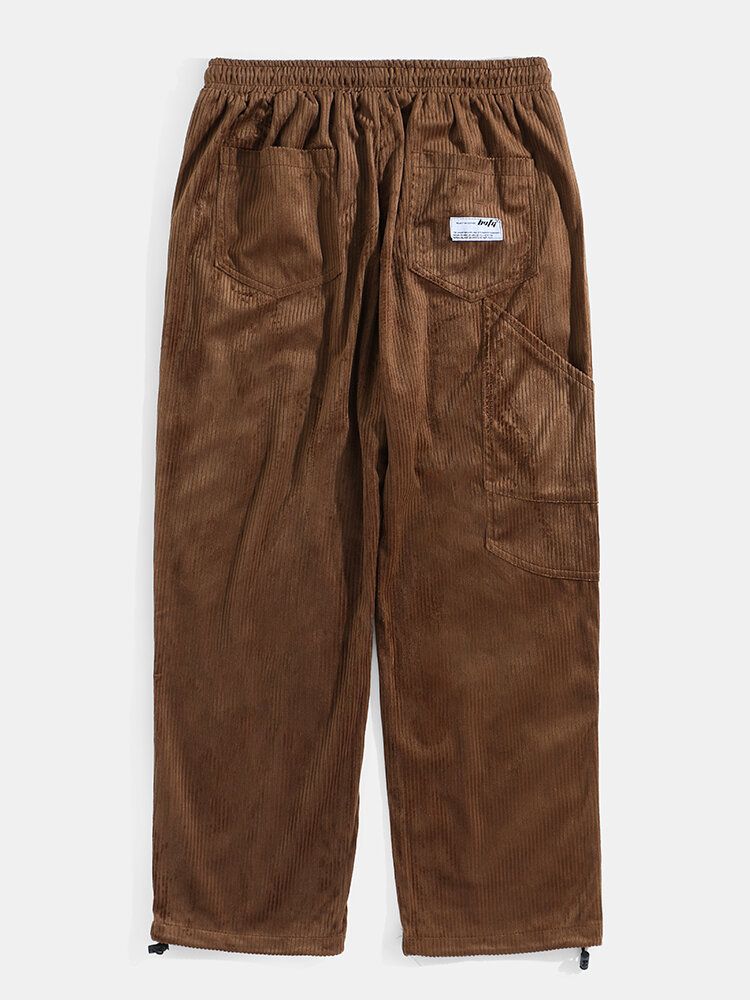 Pantalones Casuales Con Cordón De Cintura Elástica Con Múltiples Bolsillos De Pana Para Hombre