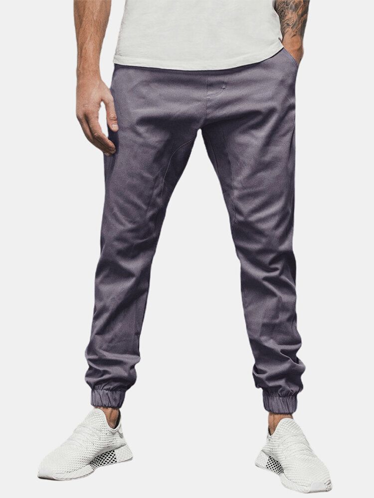 Pantalones Casuales Con Cordón De Color Sólido Para Hombre Con Bolsillo