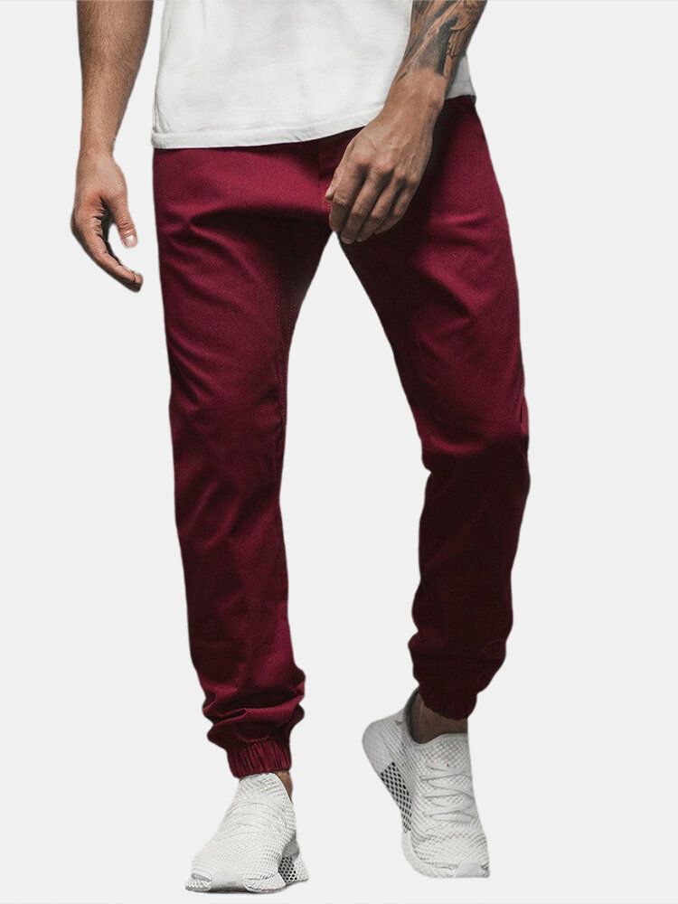 Pantalones Casuales Con Cordón De Color Sólido Para Hombre Con Bolsillo