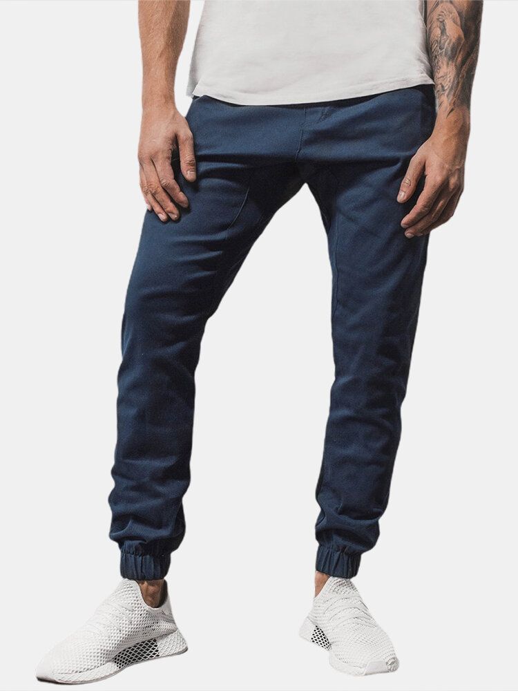 Pantalones Casuales Con Cordón De Color Sólido Para Hombre Con Bolsillo