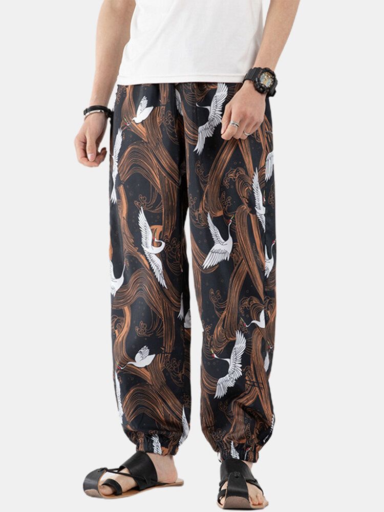 Pantalones Casuales Con Cordón Interior Con Estampado De Grúa Oriental De Estilo Chino Para Hombre De 5 Colores