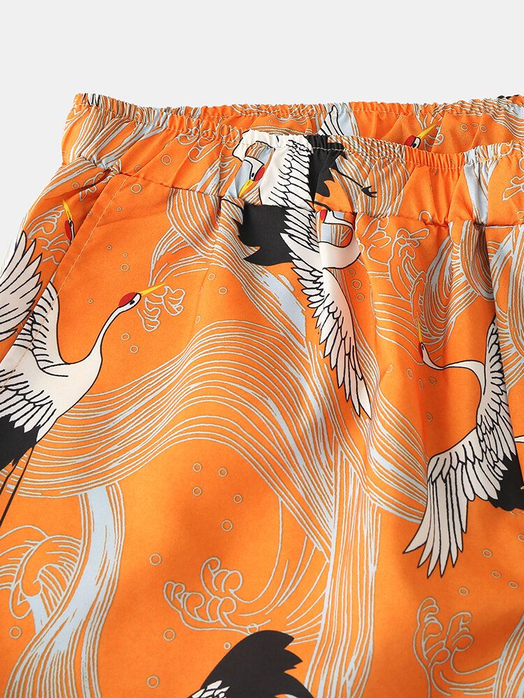 Pantalones Casuales Con Cordón Interior Con Estampado De Grúa Oriental De Estilo Chino Para Hombre De 5 Colores