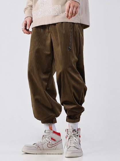 Pantalones Casuales Con Cordón De Textura De Pana Para Hombre Con Bolsillo