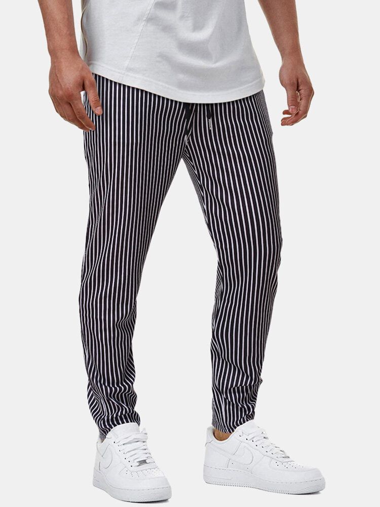 Pantalones Casuales Con Cordón Y Bolsillo Con Estampado De Rayas Clásicas Para Hombre